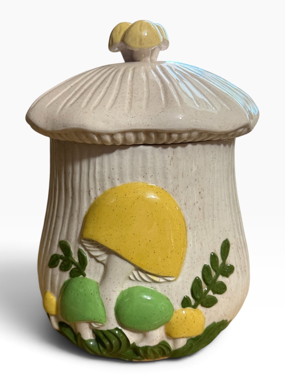 Vtg 1970s Arnel’s Mushroom Ceramic Canister Cookie Jar Yellow Green Retro MCM